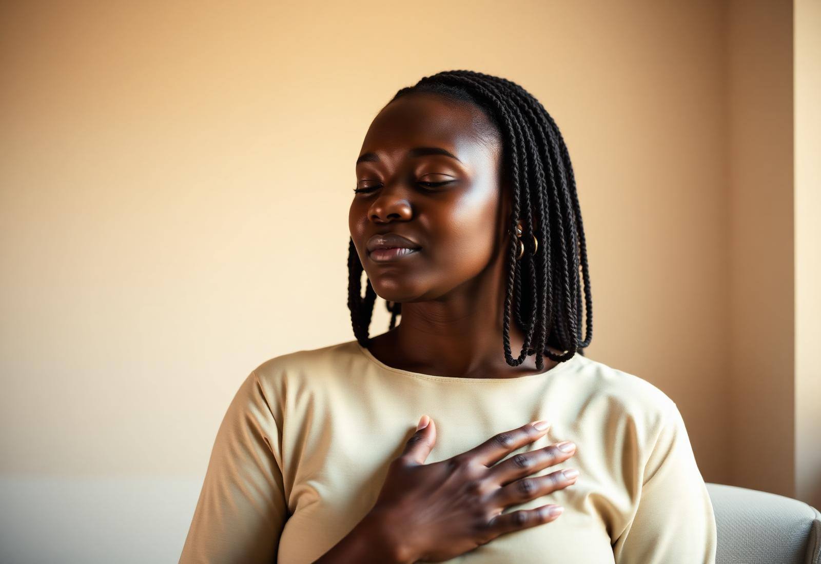A woman in a calm reflective moment