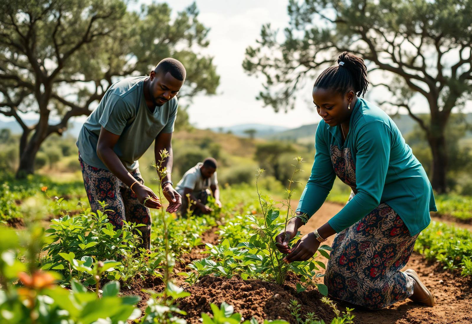 Community planting trees in a lush green landscape