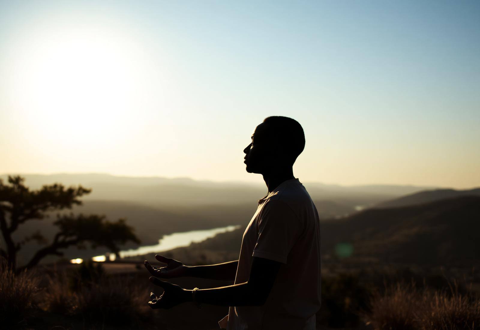A person meditating at sunrise overlooking the Rift Valley